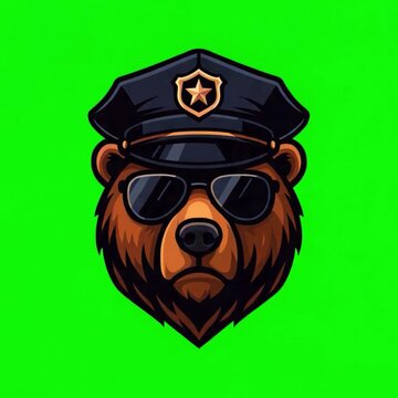 Strong teddy bear police chief illustration head with star badge graphic greenscreen