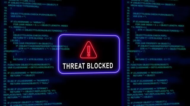 Threat blocked cyber security warning sign with digital programming code background, for network protection, and data privacy concepts