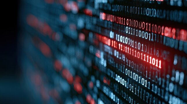 Digital stream of binary code with glowing red data highlights