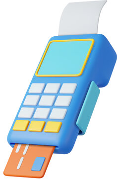 3d Pos terminal with receipt and credit card.