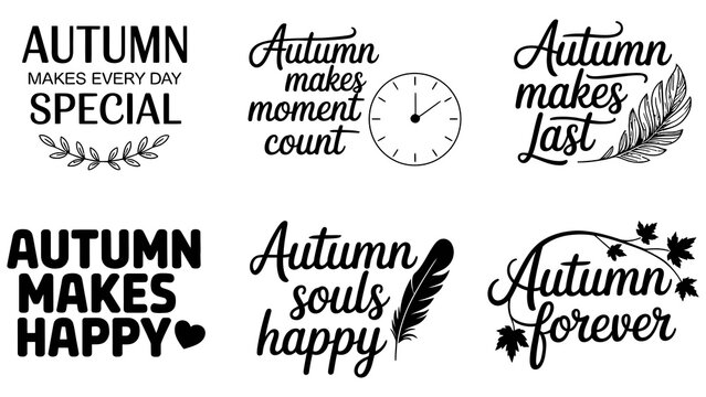 Autumn typography quotes set, fall seasonal lettering, 6 black vector badges Editable Vector