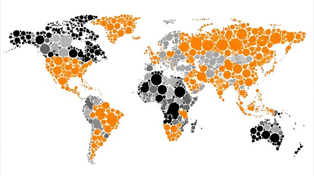 World map composed of varying size orange, gray, black circles