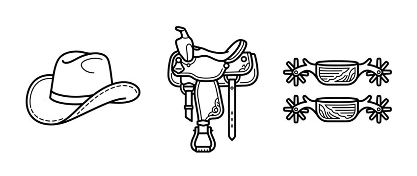 Western Cowboy Hat, Saddle, and Spurs Icon Set
