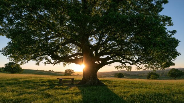 Majestic ancient oak tree bathed in warm sunset light, casting long shadows