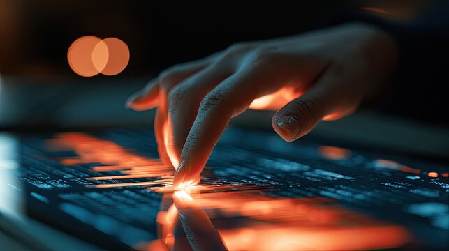 Finger touching glowing digital screen with abstract data streams in dark