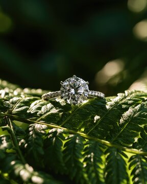 A sparkling diamond ring rests on a sunlit fern leaf