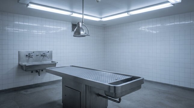 Empty Stainless Steel Autopsy Table in Sterile Morgue
