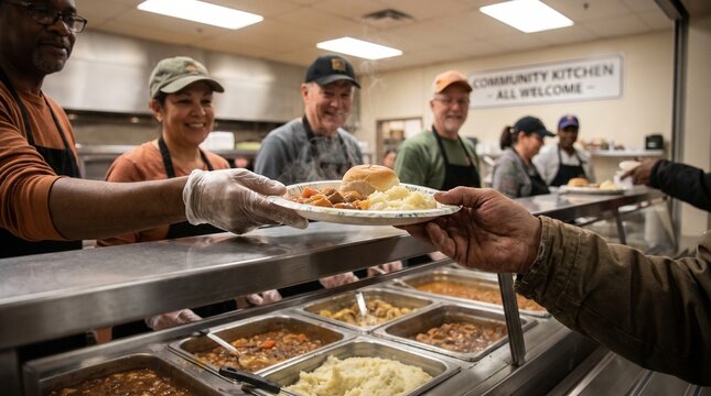 Volunteers Serving Hot Meals at Community Shelter