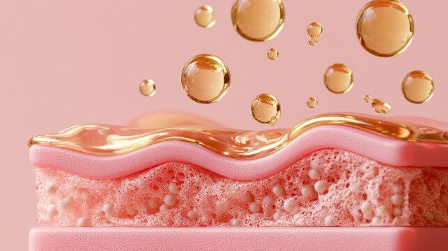 Abstract pink layer with golden droplets on pink background
