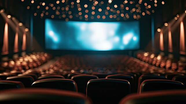 Empty theater seats face a brightly lit, large screen, ready for a show