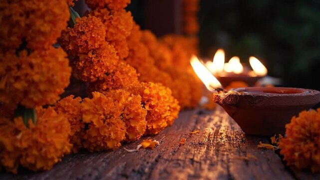 Marigold flowers and a glowing oil lamp create a devotional Diwali setting on a rustic wooden surface
