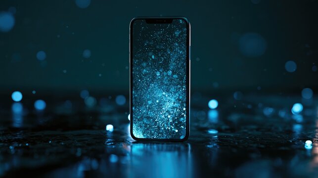 Futuristic smartphone screen displays glowing blue nebula on dark, wet surface