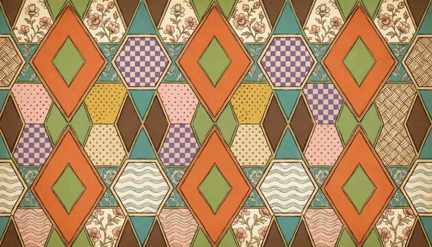 Intricate geometric pattern featuring a vibrant mosaic of colorful diamonds and hexagons decorated with delicate floral illustrations alongside classic checkerboard squares and wavy lines set