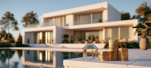 Fototapeta premium Stacks of gold coins and a glass house symbol on a patio near a pool
