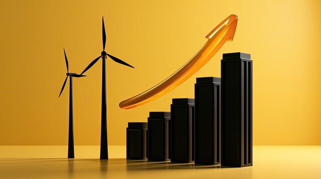 Wind energy growth graph with turbines and rising orange arrow