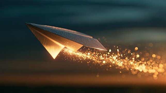Metallic paper airplane soaring through a dusky sky with glowing particles