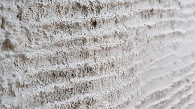 Close up of textured white plaster wall surface showing layered horizontal ridges and natural unevenness