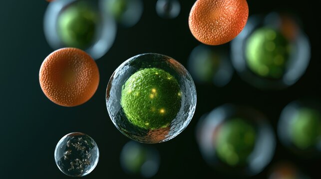 Microscopic view of diverse cellular structures, some glowing