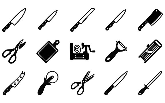 A collection of black silhouette icons representing various kitchen utensils knives cutting tools and food preparation equipment isolated on a white background