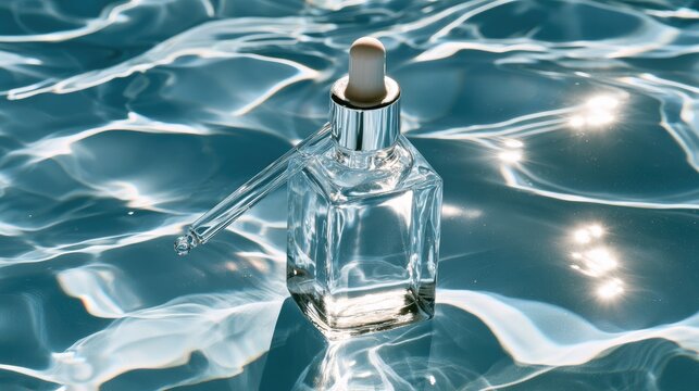 Clear liquid in a dropper bottle submerged in shimmering water