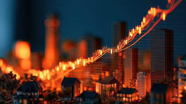 Miniature city with rising financial chart overlay in warm, glowing light