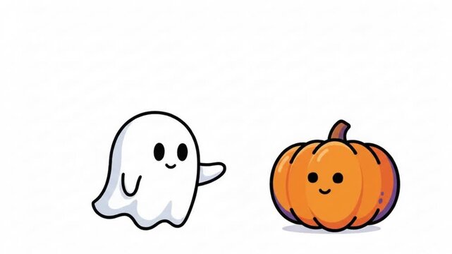 Cute Halloween Ghost and Pumpkin (Cucurbita pepo), Spooky Kawaii Character Animation