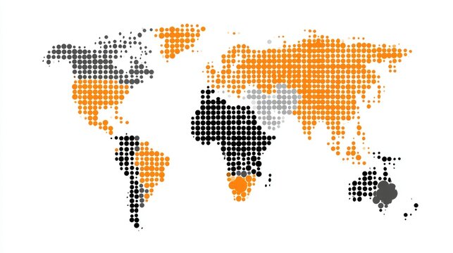 Dotted world map with continents colored in orange, black, and gray