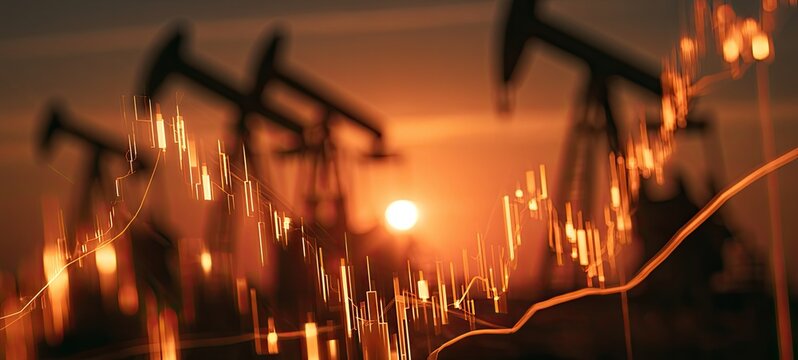 Oil pumps and stock market chart at sunset