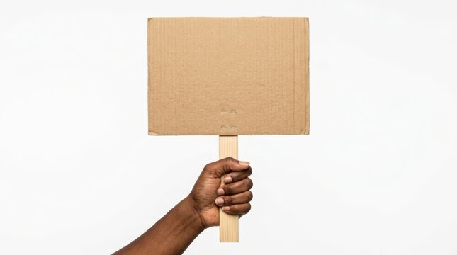 Hand of a person holding a blank cardboard sign or picket against a plain background for activism. Perfect for social justice, demonstrations, and marketing messages needing a customizable