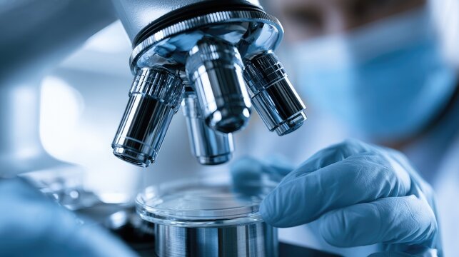 Scientist in lab examines specimen under magnification with gloved hands