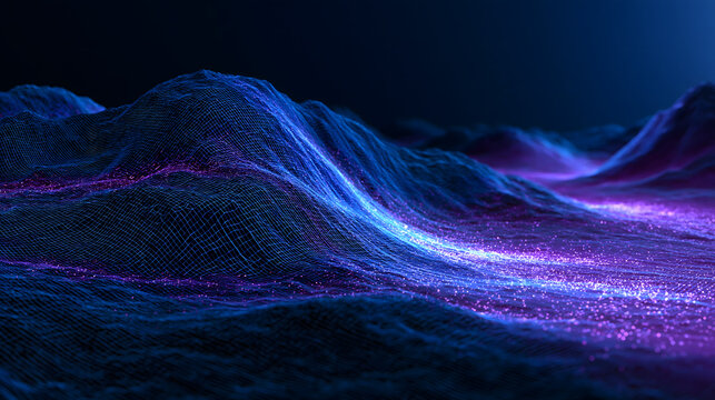 Abstract technology background with glowing neon blue and purple 3D topographical wireframe map