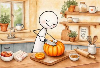 Fototapeta premium Greeting card with Good Things Take Time lettering and stick figure cutting a pumpkin.