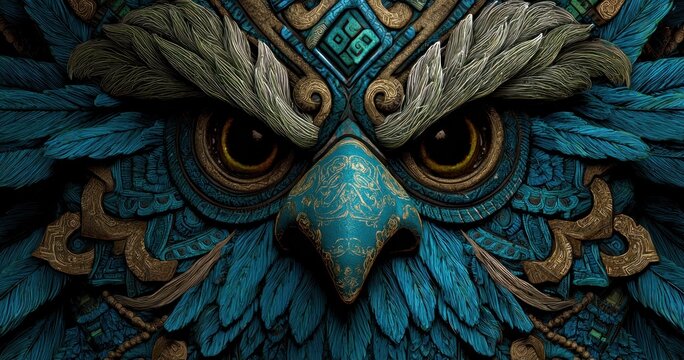 Close up of a detailed owl face with textured feathers and intricate patterns