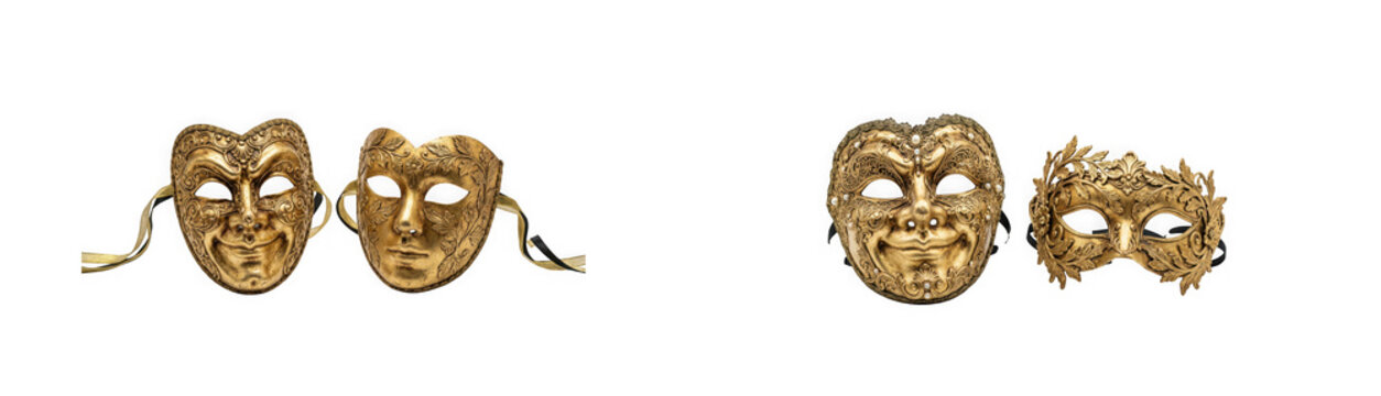 Four golden venetian masquerade masks isolated on transparent background
