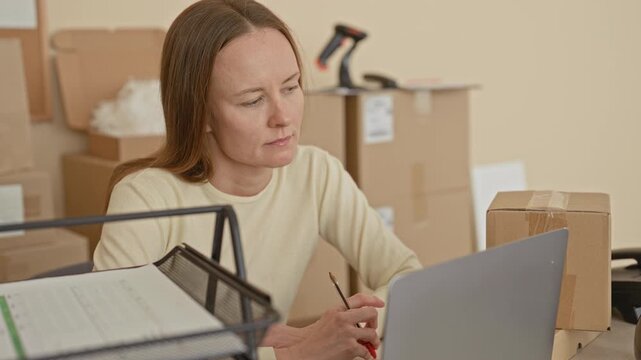 Woman at desk with laptop and parcel, hand holding pencil near keyboard, surrounded by stacked cardboard boxes and barcode scanner in building; pensive small business packing.
