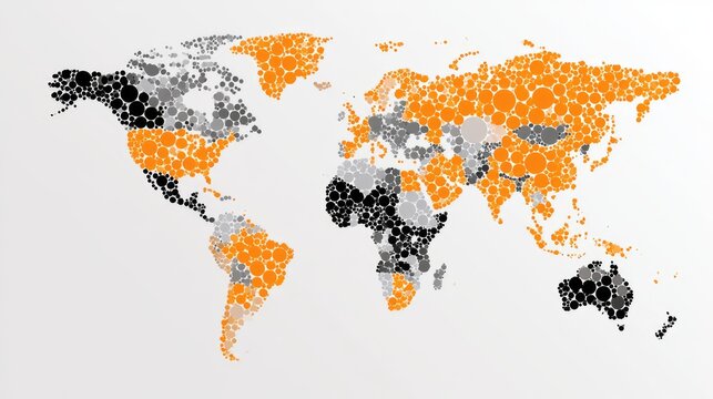 World map composed of scattered colored circles showing distribution