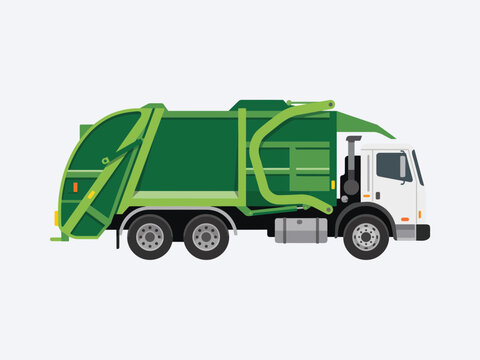 Flat vector illustration of green garbage truck