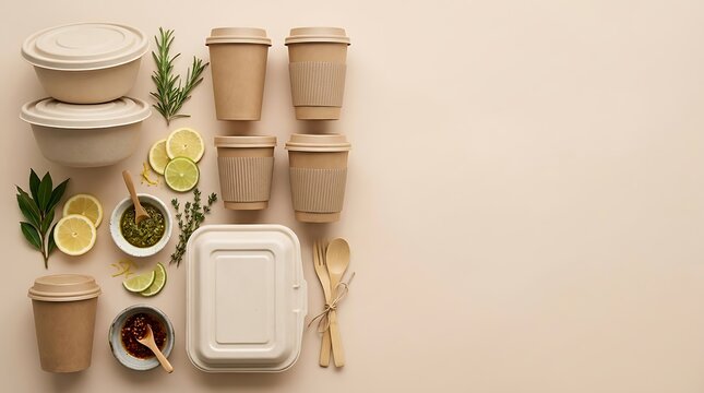 Eco-Friendly Food Packaging and Beverages with Fresh Ingredients on a Light Background.