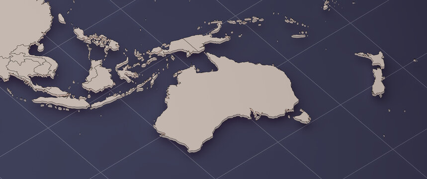 Australia Region Map 3D Cinematic Close Up Illustration in Navy Blue with Grid Lines. Artistic representation, not intended for precise geographic reference.