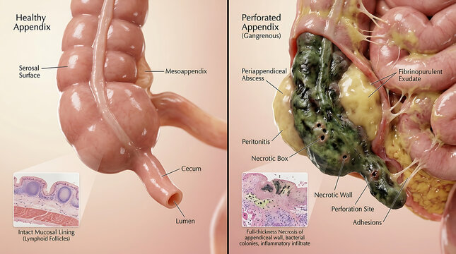 Healthy Appendix Versus Perforated Appendicitis Gangrenous Necrosis and Abscess Formation