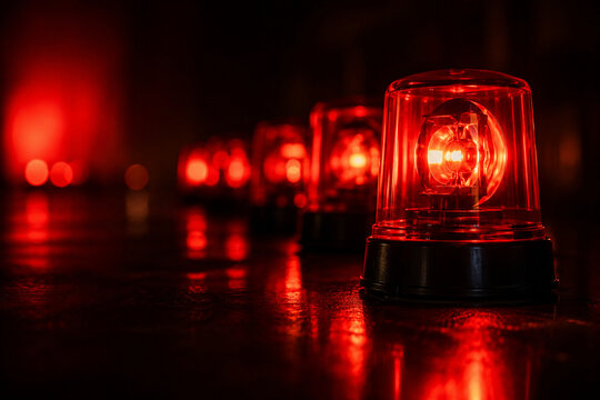 Glowing Red Emergency Warning Beacon Lights on Dark Reflective Surface at Night
