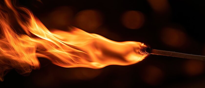 Close up of a burning matchstick with vibrant orange flames against a dark, blurred background