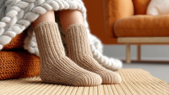 Close up detail of feet wearing thick textured wool hygge socks, resting on a soft woven rug next to a fuzzy blanket, warm color palette, cozy winter atmosphere