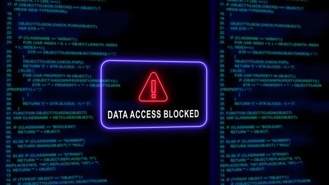 Data access blocked warning sign on digital programming code background, cyber security breach and system error concept for technology and network protection