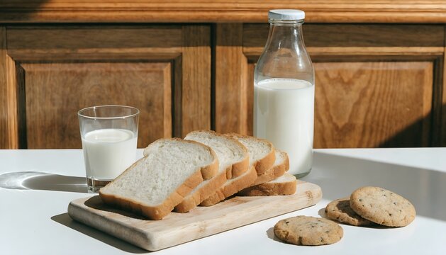 This image depicts a serene breakfast setting with slices of white bread arranged on a wooden cutting board  accompanied by a glass and bottle of milk  and a few cookies on the side