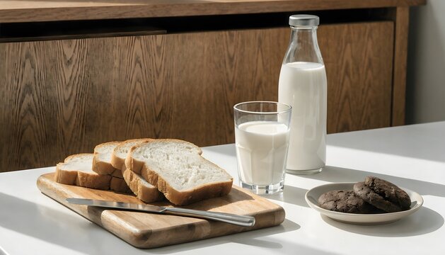 This image depicts a serene breakfast setting with slices of white bread arranged on a wooden cutting board  accompanied by a glass and bottle of milk  and a few cookies on the side