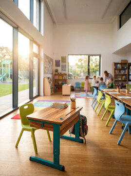 Sunny elementary classroom with a wooden desk, pencil case and notebooks in the foreground, colorful chairs and blurred children playing, symbolizing education and back to school learning.