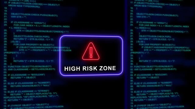 Risk zone warning sign with glowing neon frame over scrolling computer programming code background, for cybersecurity and, data protection concepts