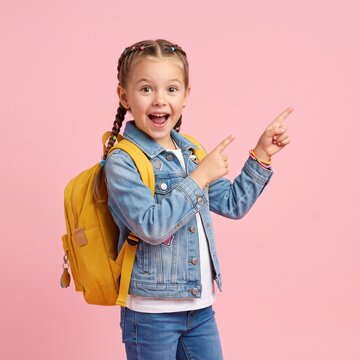 Cheerful schoolgirl with braids and a backpack, pointing excitedly with both hands against a soft pastel background, symbolizing back to school fun.