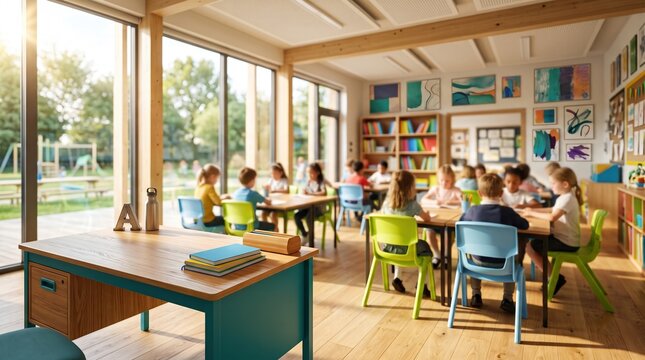 Sunny elementary classroom with a wooden desk, pencil case and notebooks in the foreground, colorful chairs and blurred children playing, symbolizing education and back to school learning.